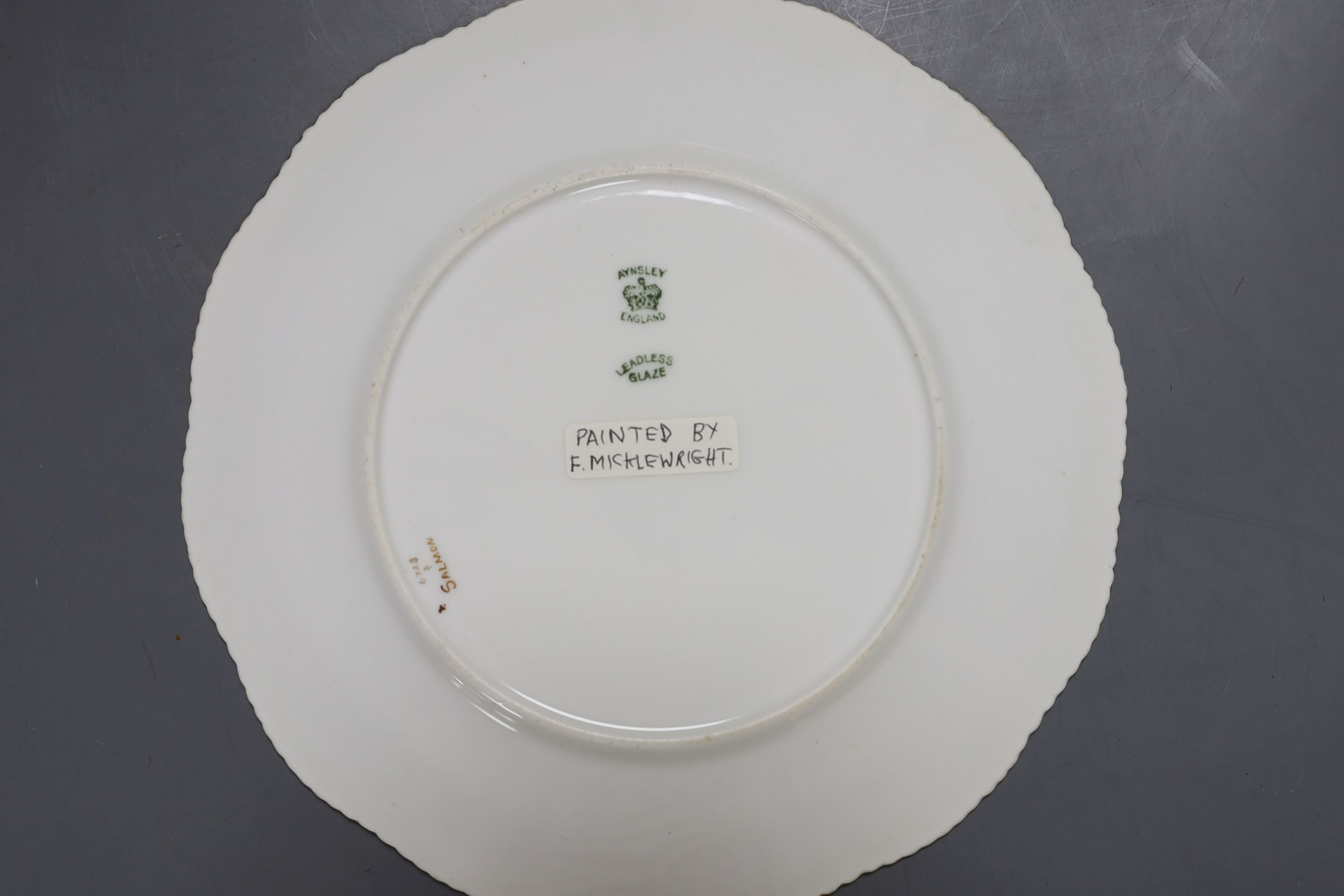 An Aynsley fish painted plate by S Micklewright, A Royal Doulton mallard or wild duck painted cabinet plate by J. Hancock and a Cauldon duck painted plate by D. Birkbeck (3)